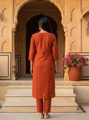 Women's Rust Orange Embroidered Kurta Pant Set