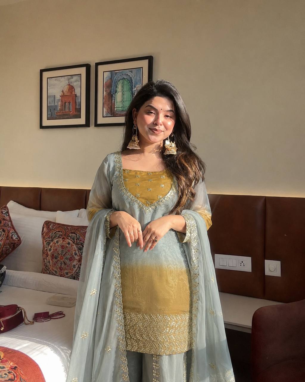 Sage Green Embroidered Sharara Suit with Organza Dupatta