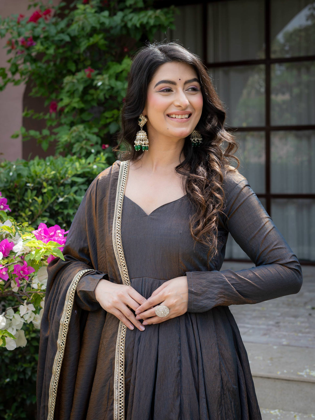 Charcoal Grey Embroidered Anarkali Suit with Dupatta