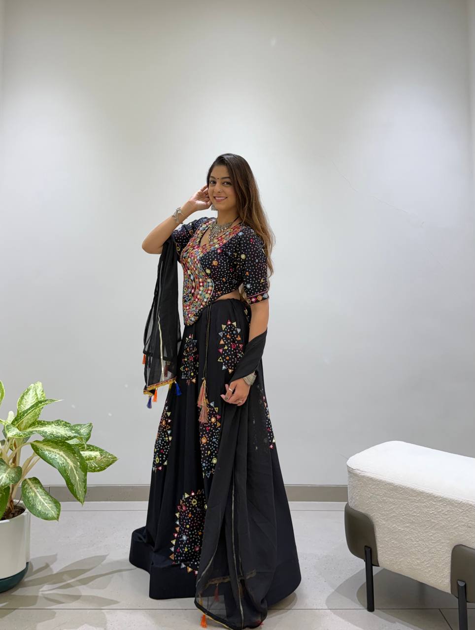Black Mirror Work Designer Lehenga Choli with Dupatta