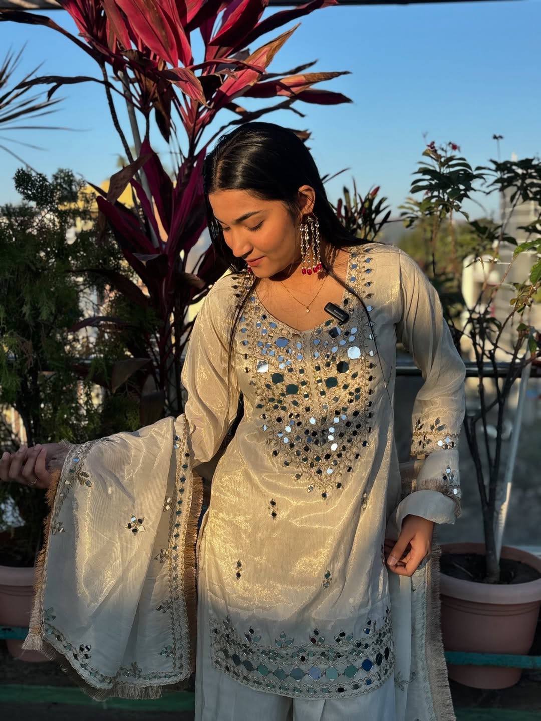 Mirror Work Embroidered Kurta Palazzo & Dupatta Set