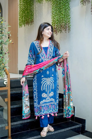 Premium Blue Printed Kurta Pant & Dupatta Set