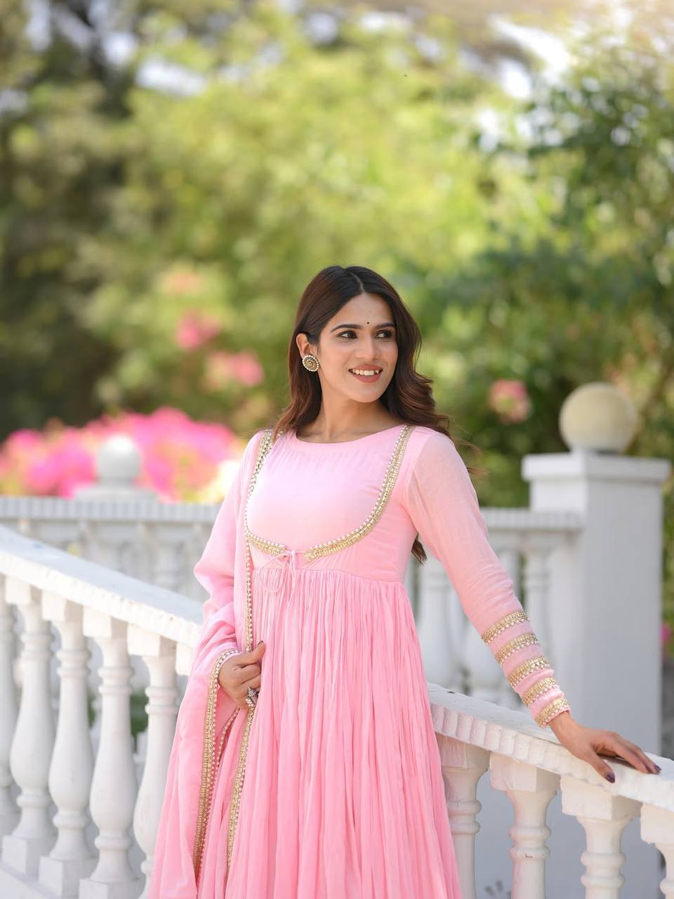 Pastel Pink Anarkali Suit Set with Gold Border Dupatta