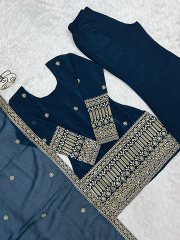 Indigo Embroidered Kurta Sharara Set