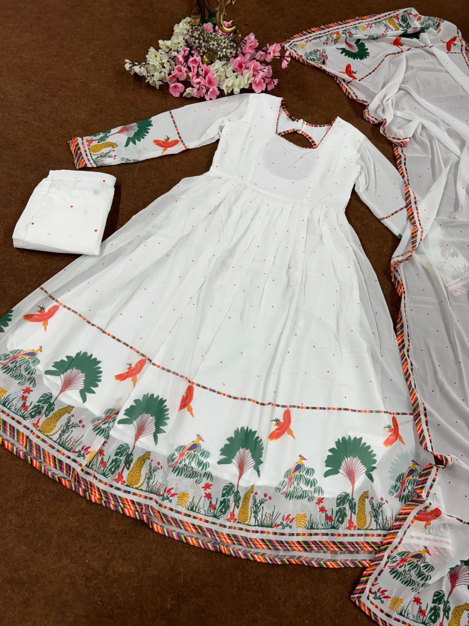 Ivory Floral Printed Anarkali Kurta Pant Set with Dupatta