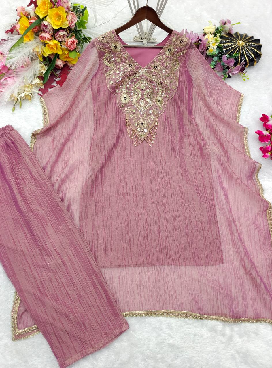 Dusty Rose Embroidered Salsa Crush Silk Kaftan and Plazzo Set