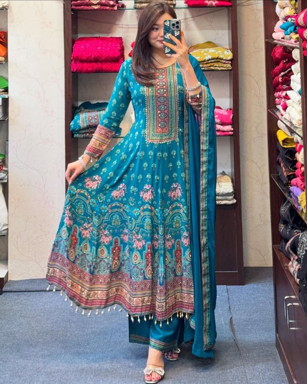 Teal Blue Printed Anarkali Suit Set with Dupatta