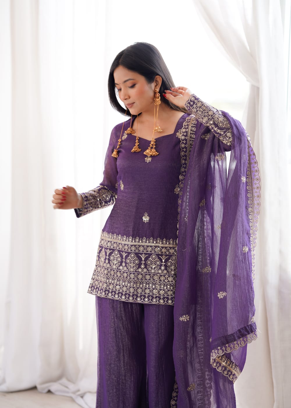 Royal Purple Embroidered Kurta Sharara Set
