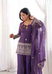 Royal Purple Embroidered Kurta Sharara Set