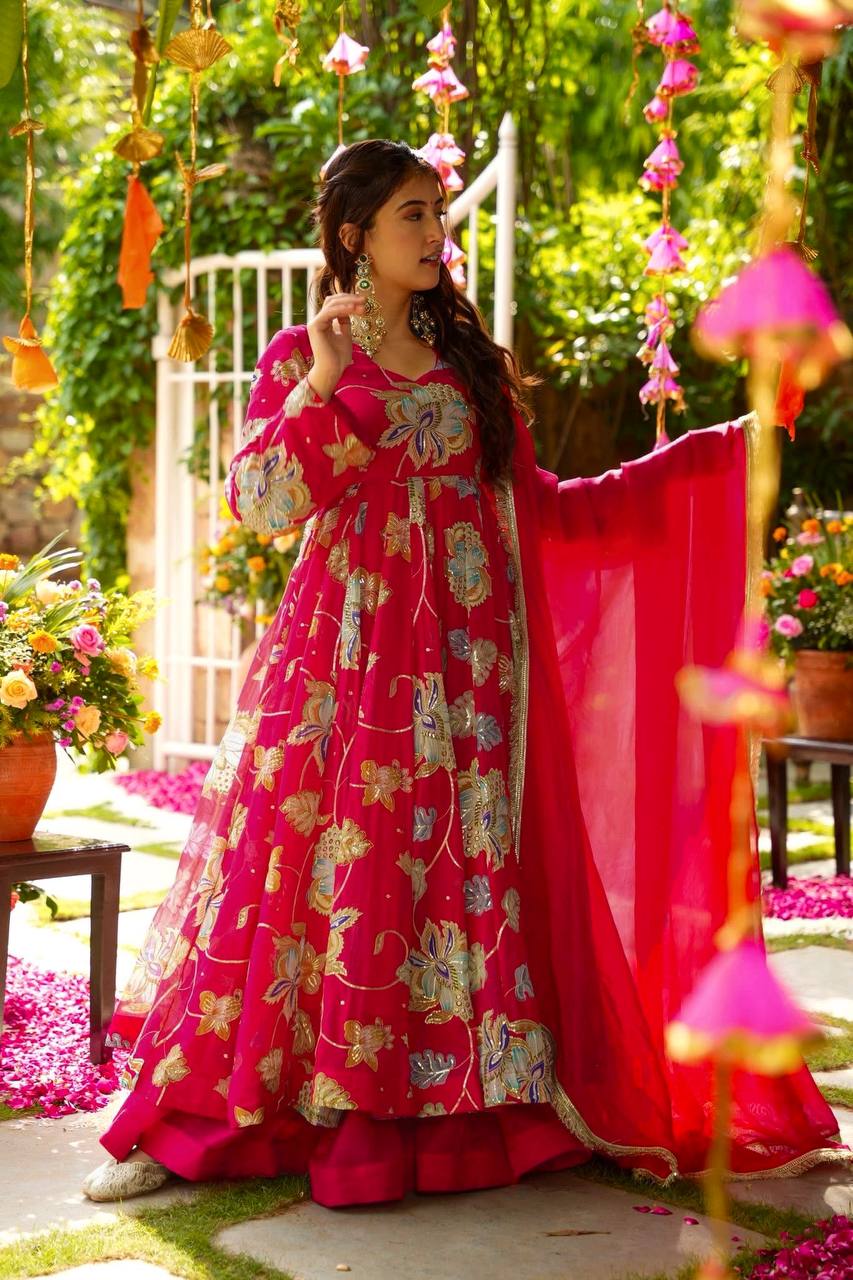 Hot Pink Floral Embroidered Anarkali Suit with Dupatta