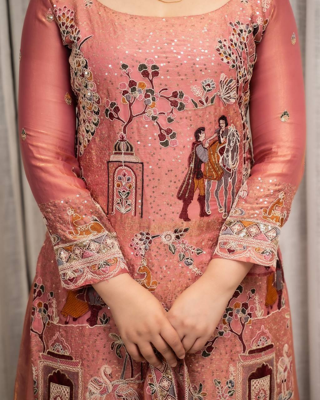 Peach Pink Embroidered Silk Kurta Set with Dupatta