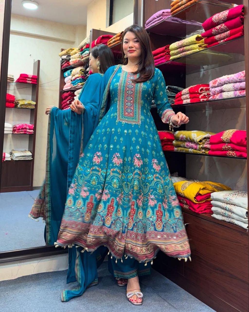 Teal Blue Printed Anarkali Suit Set with Dupatta
