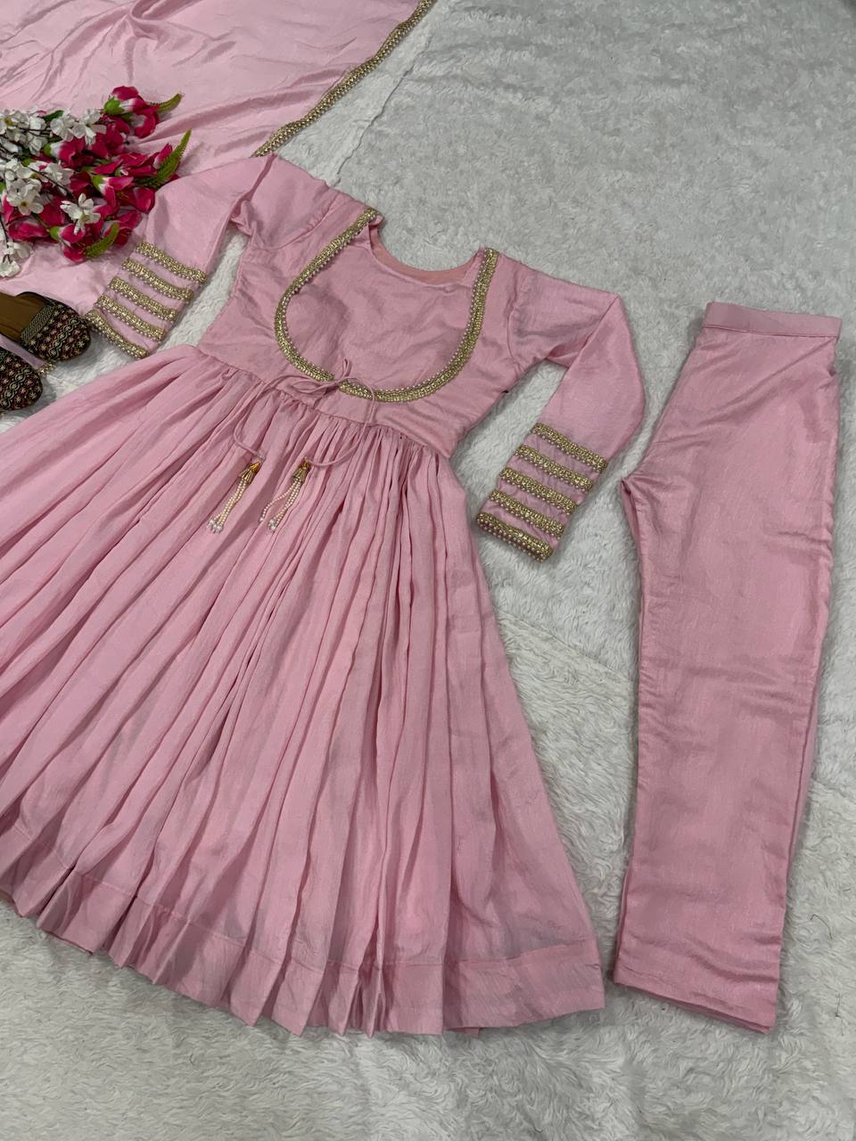 Pastel Pink Anarkali Suit Set with Gold Border Dupatta