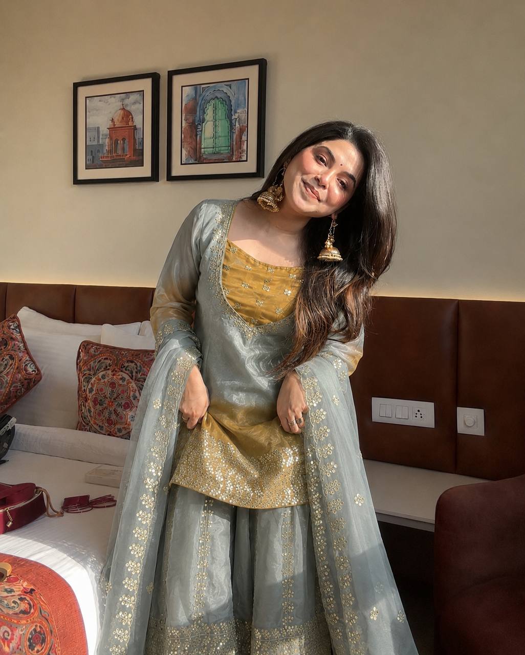 Sage Green Embroidered Sharara Suit with Organza Dupatta
