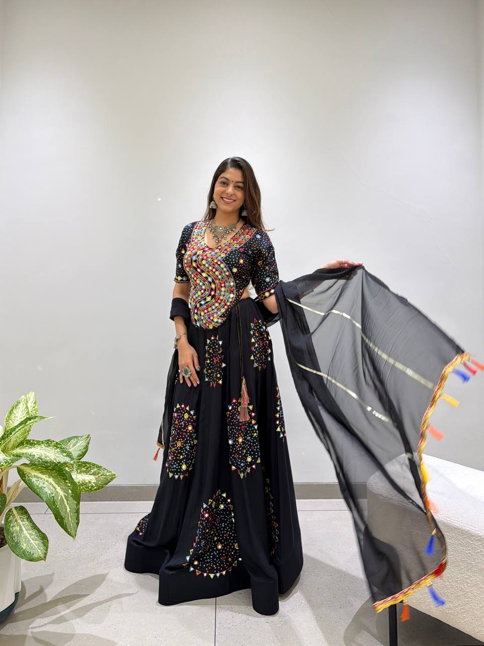 Black Mirror Work Designer Lehenga Choli with Dupatta