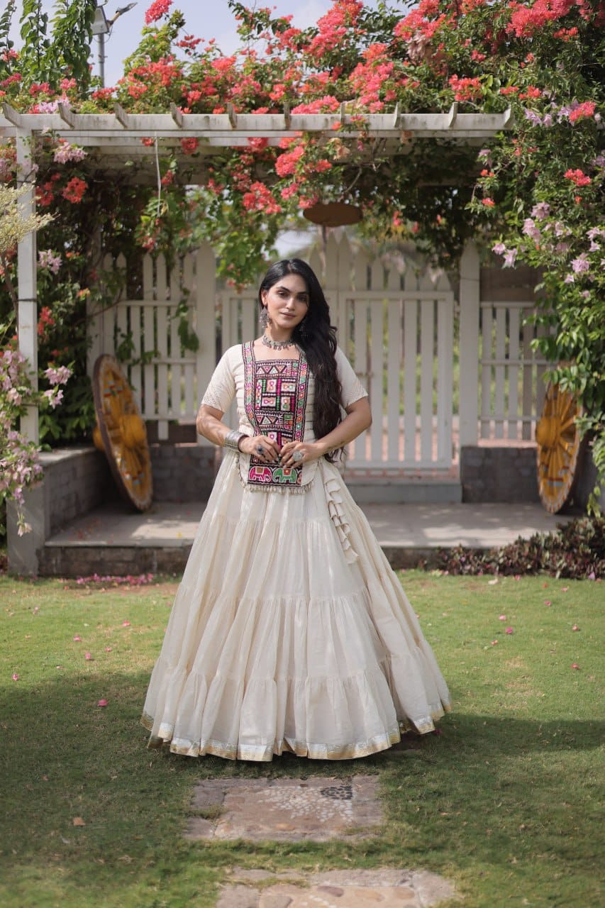 Women’s White Navratri Lehenga Choli with Multicolor Embroidered Front
