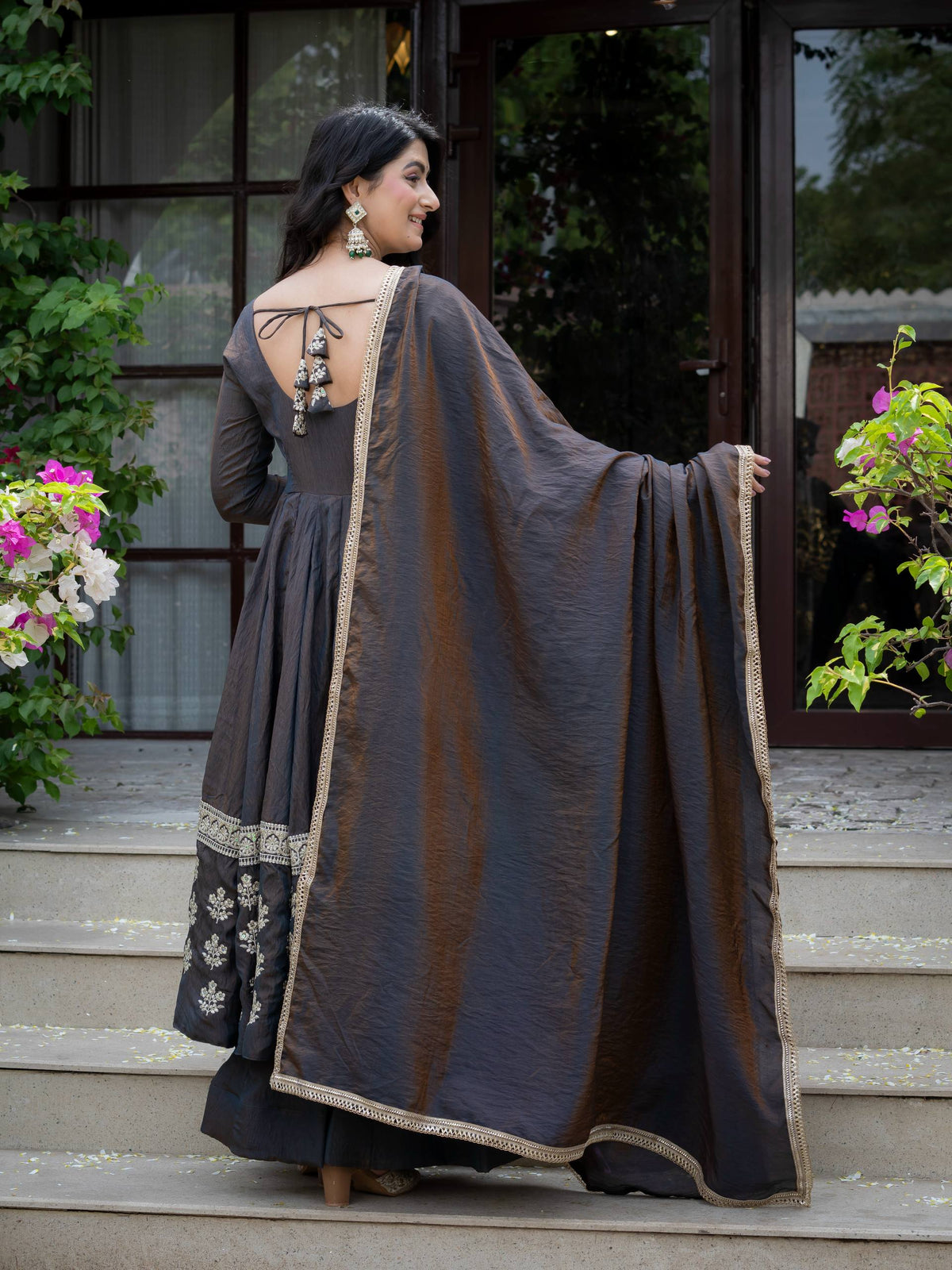 Charcoal Grey Embroidered Anarkali Suit with Dupatta