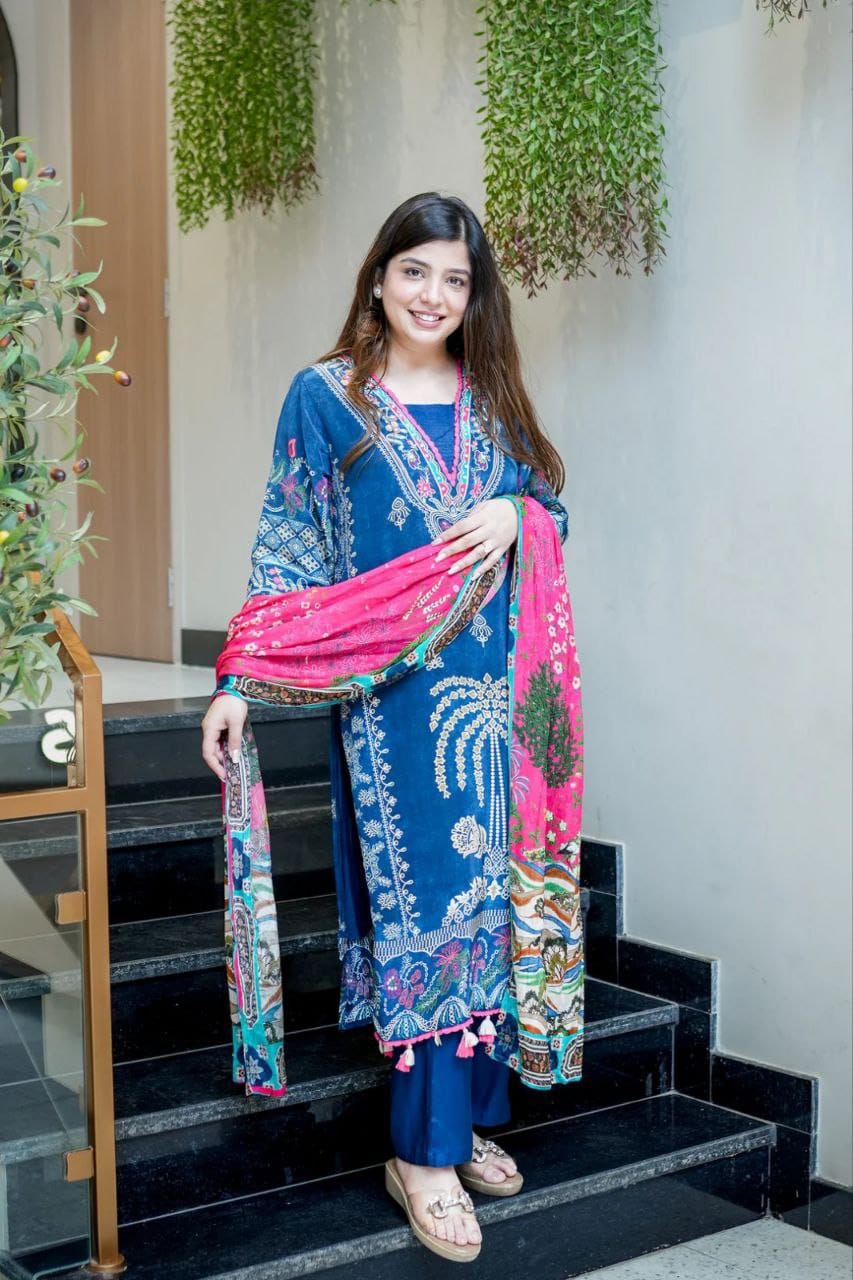 Premium Blue Printed Kurta Pant & Dupatta Set