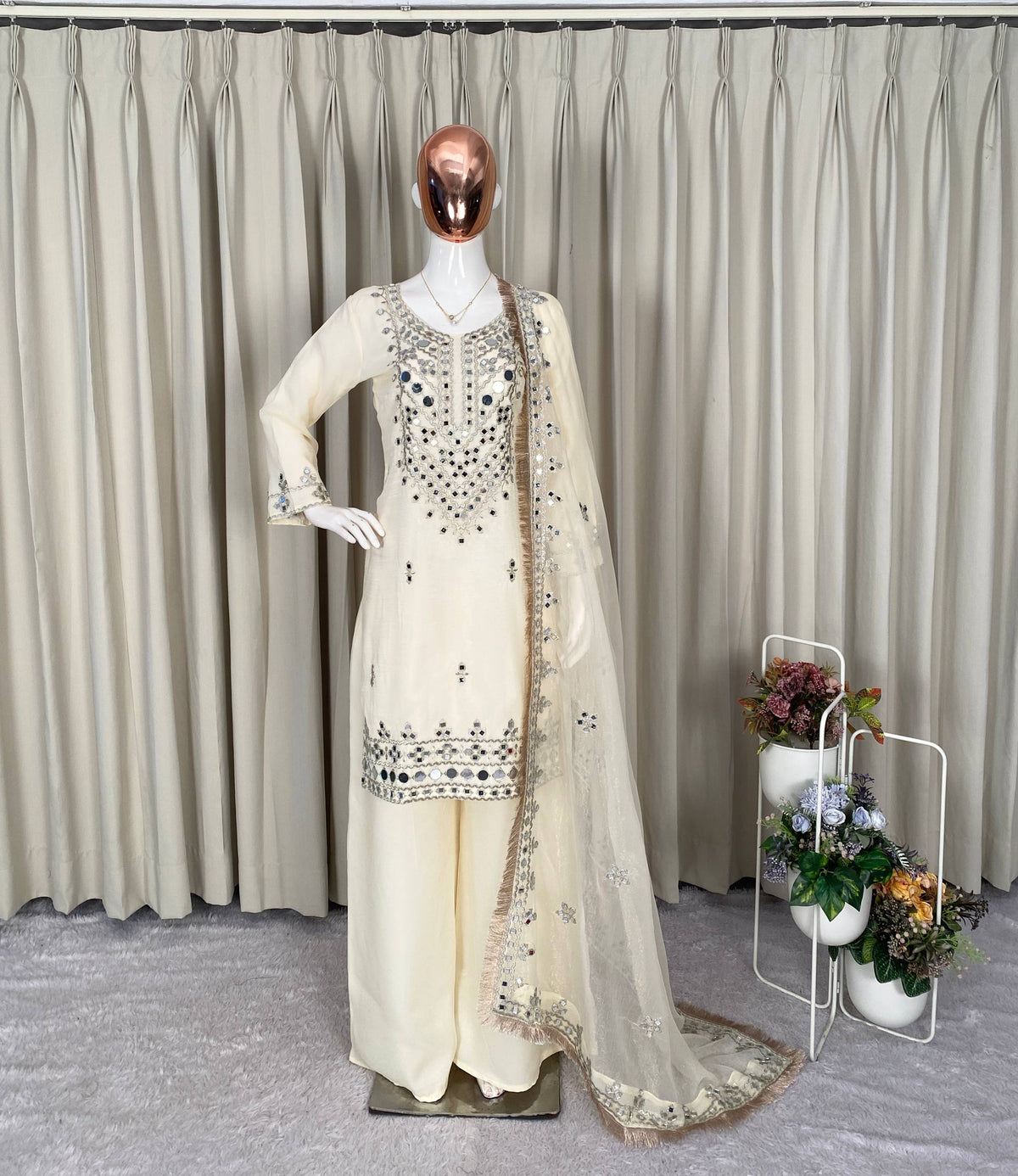 Mirror Work Embroidered Kurta Palazzo & Dupatta Set