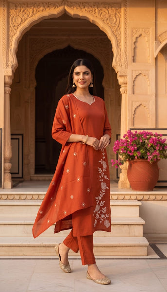 Women's Rust Orange Embroidered Kurta Pant Set
