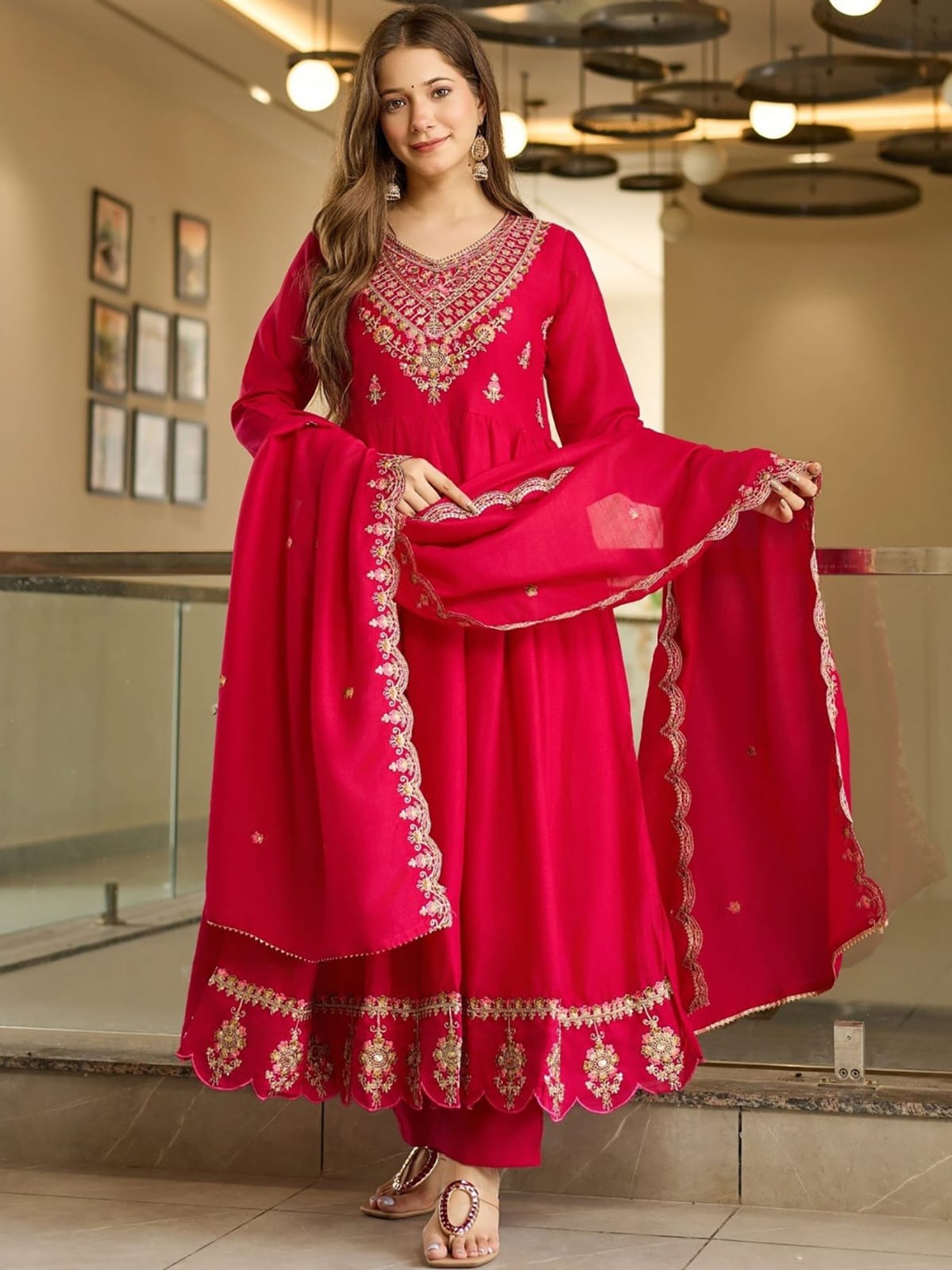 Rani Pink Embroidered Anarkali Kurta Set