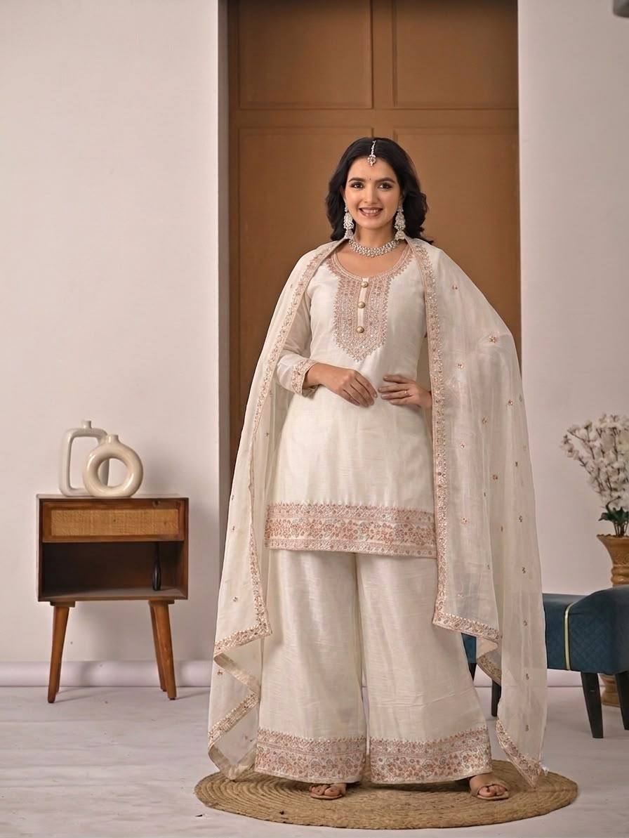 White Embroidered Palazzo Suit Set with Dupatta