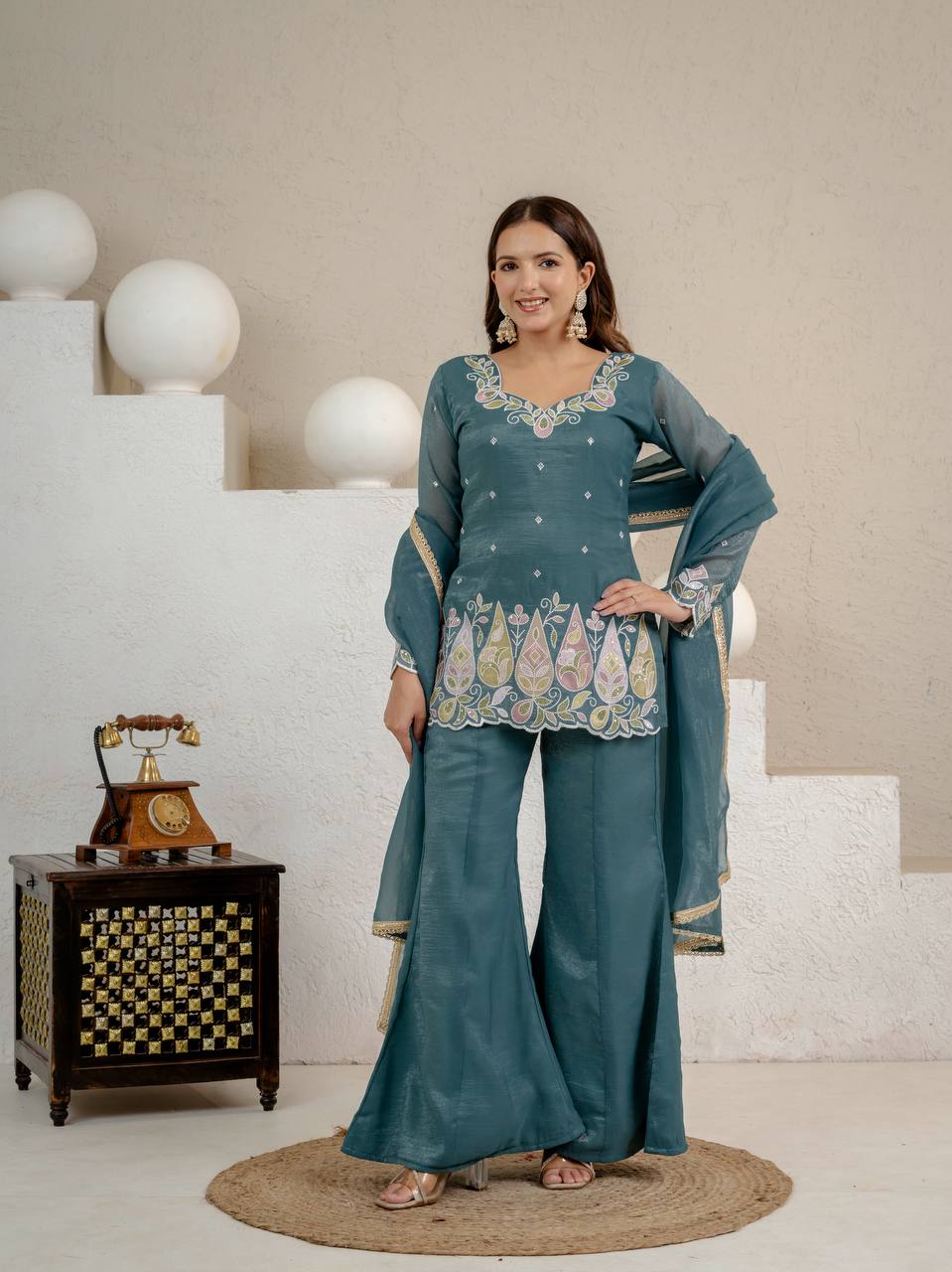 Teal Blue Embroidered Palazzo Suit Set with Dupatta
