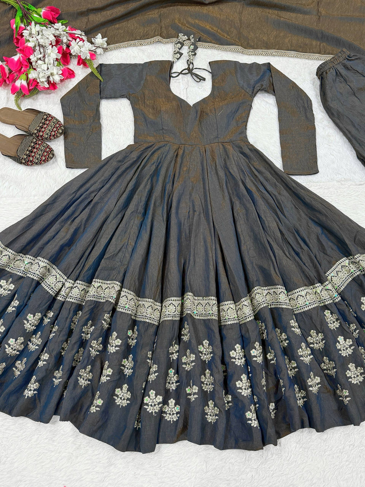 Charcoal Grey Embroidered Anarkali Suit with Dupatta