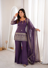 Royal Purple Embroidered Kurta Sharara Set