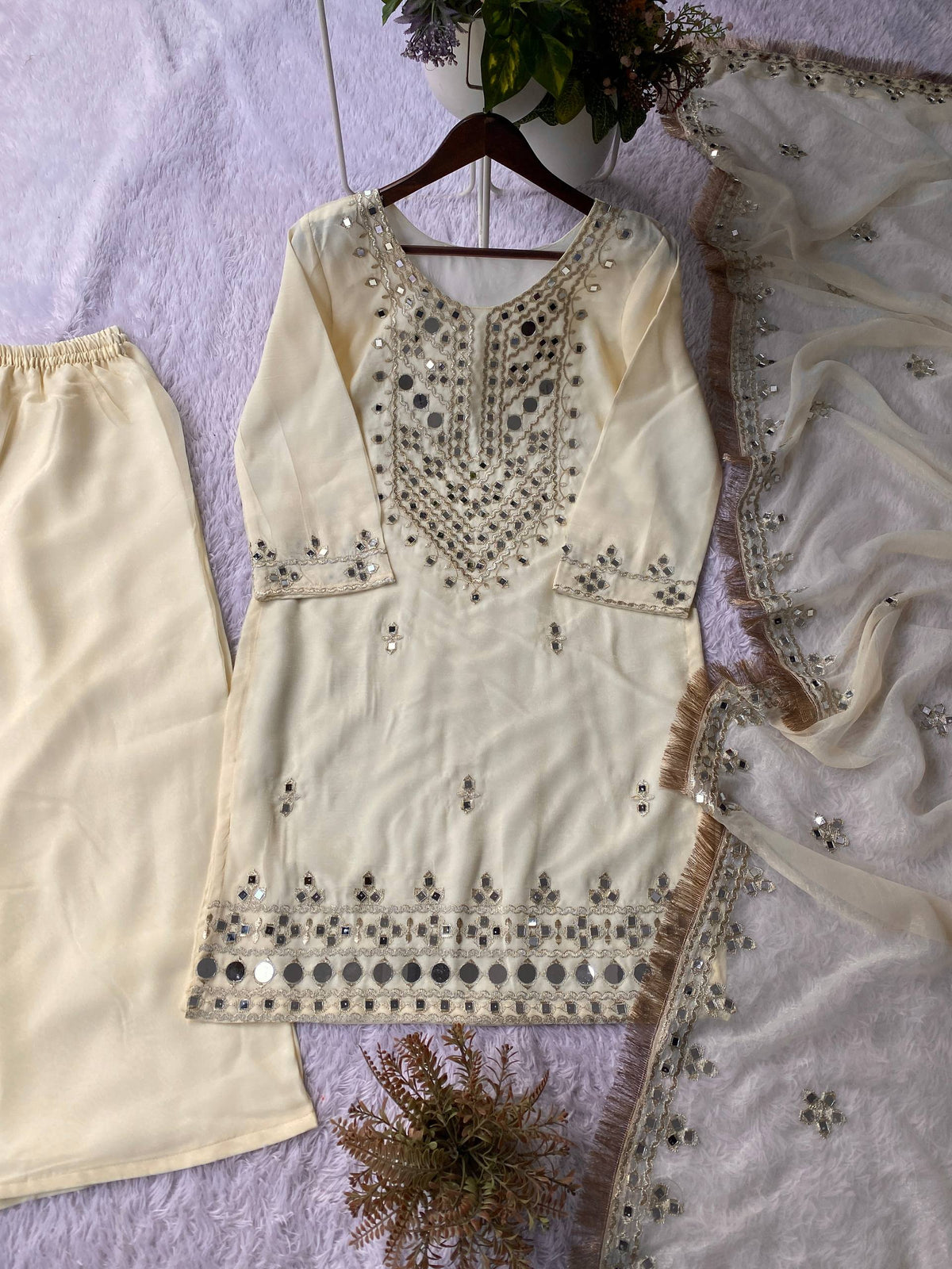 Mirror Work Embroidered Kurta Palazzo & Dupatta Set