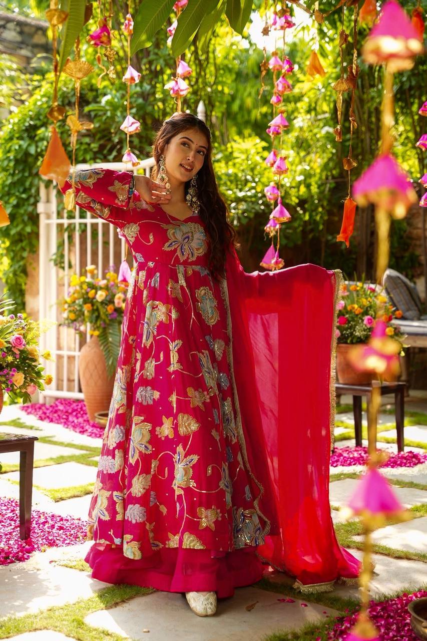 Hot Pink Floral Embroidered Anarkali Suit with Dupatta