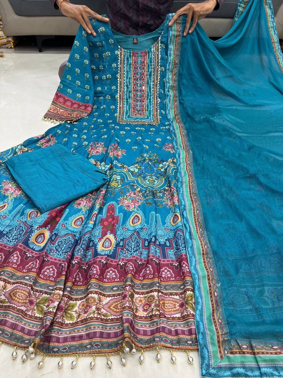 Teal Blue Printed Anarkali Suit Set with Dupatta