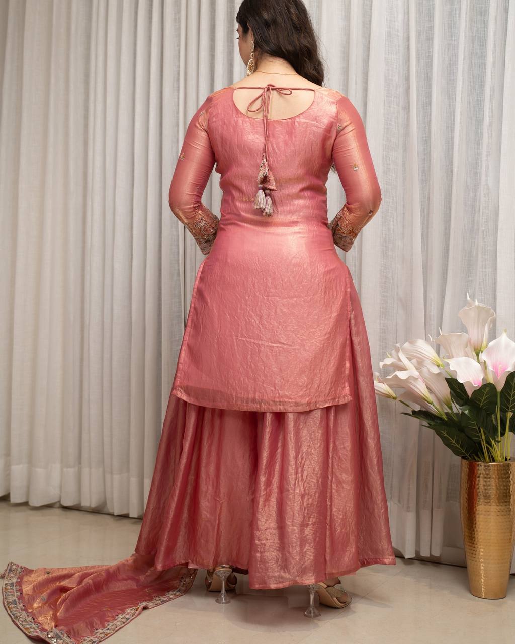 Peach Pink Embroidered Silk Kurta Set with Dupatta