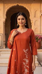 Women's Rust Orange Embroidered Kurta Pant Set