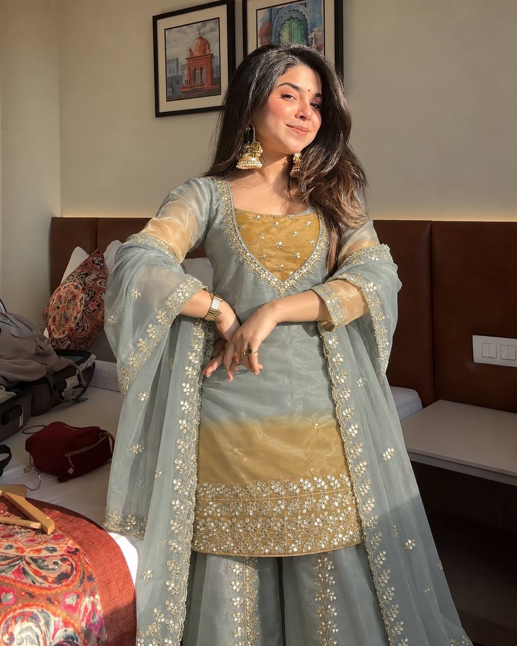 Sage Green Embroidered Sharara Suit with Organza Dupatta