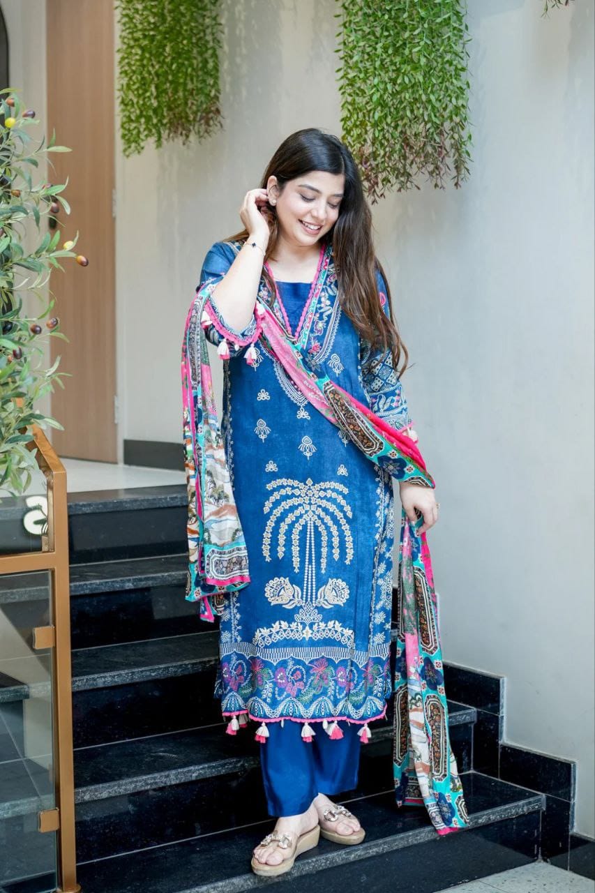Premium Blue Printed Kurta Pant & Dupatta Set