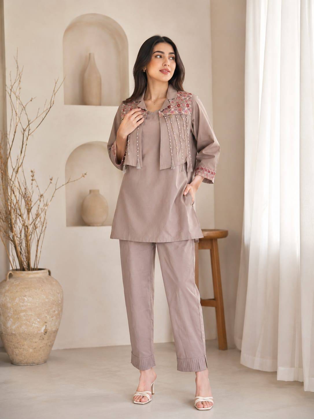 Women’s Beige Embroidered Kurta Pant Set