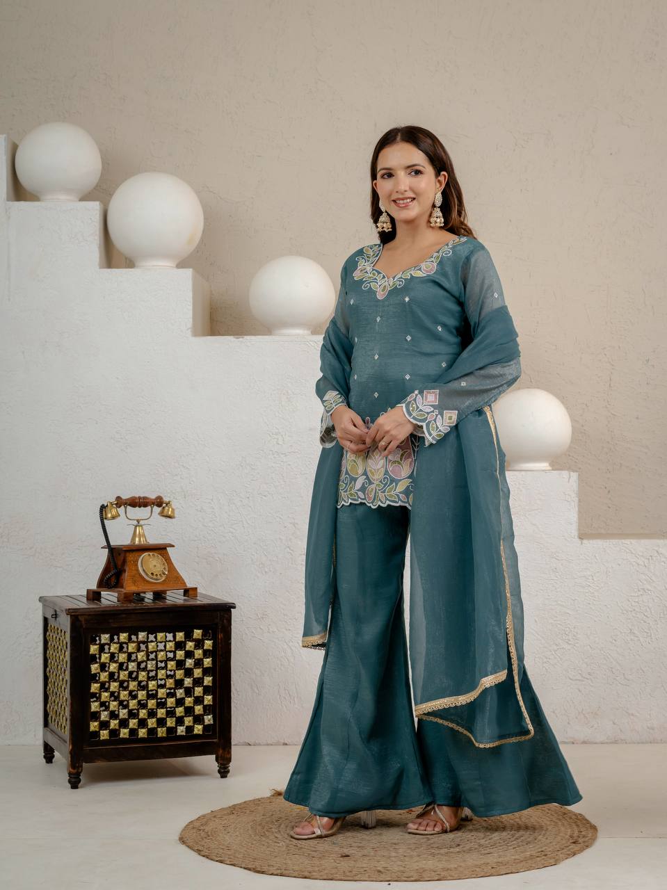 Teal Blue Embroidered Palazzo Suit Set with Dupatta