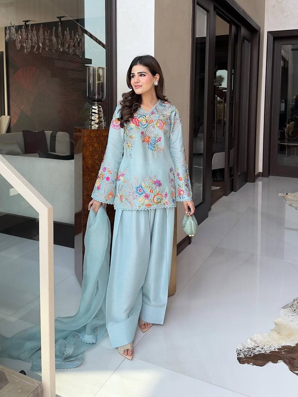 Sky Blue Embroidered Kurta Pant & Dupatta Set