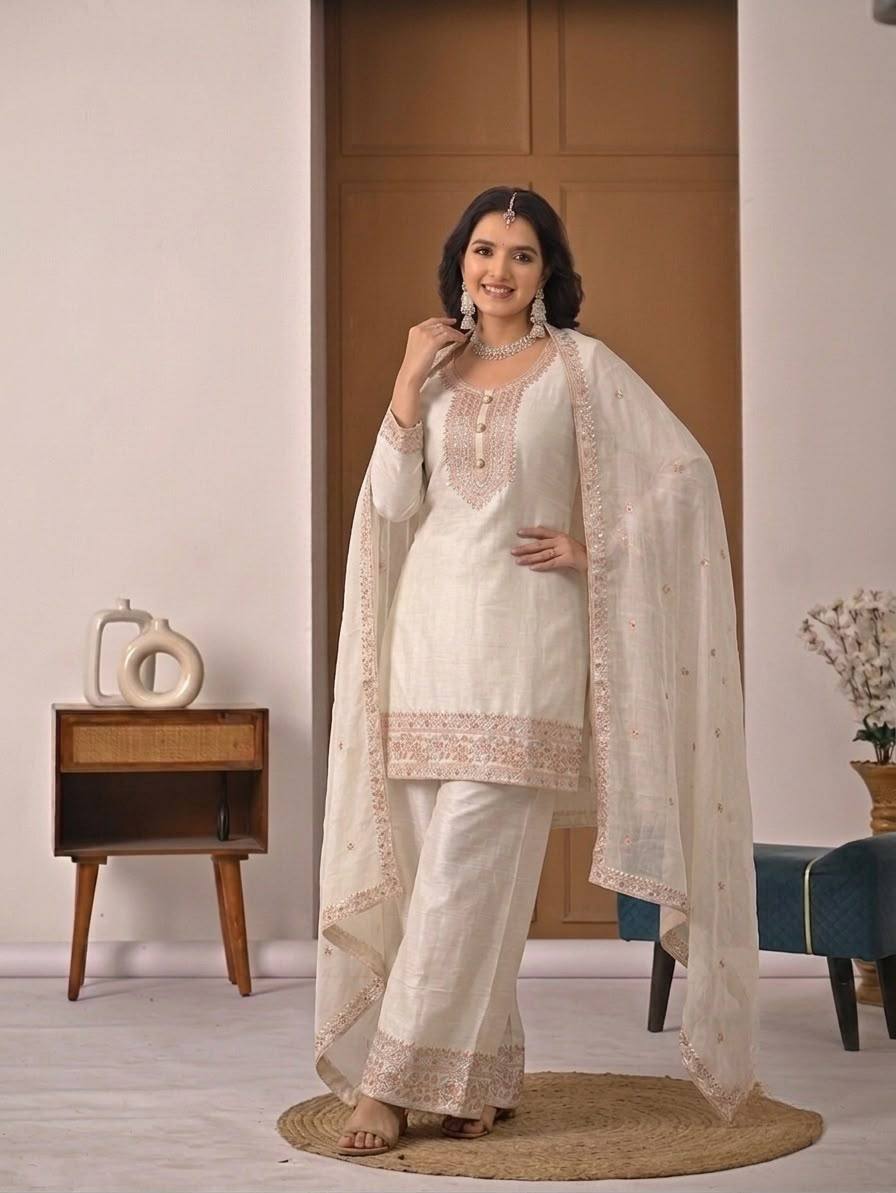 White Embroidered Palazzo Suit Set with Dupatta