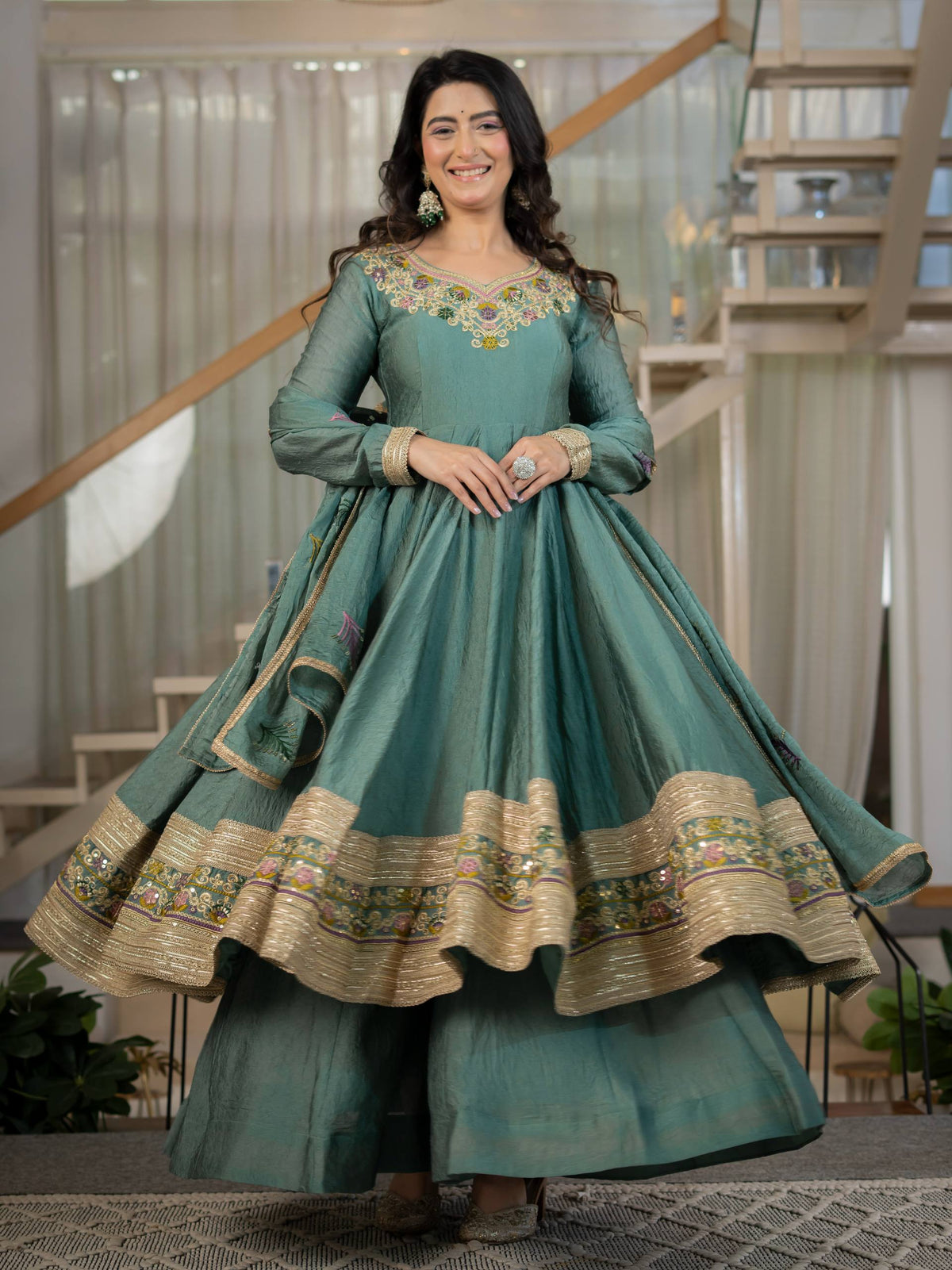 Teal Green Embroidered Anarkali Gown with Dupatta