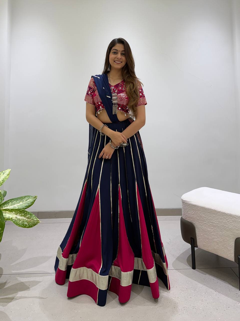 Navy Blue & Wine Designer Lehenga Choli with Dupatta