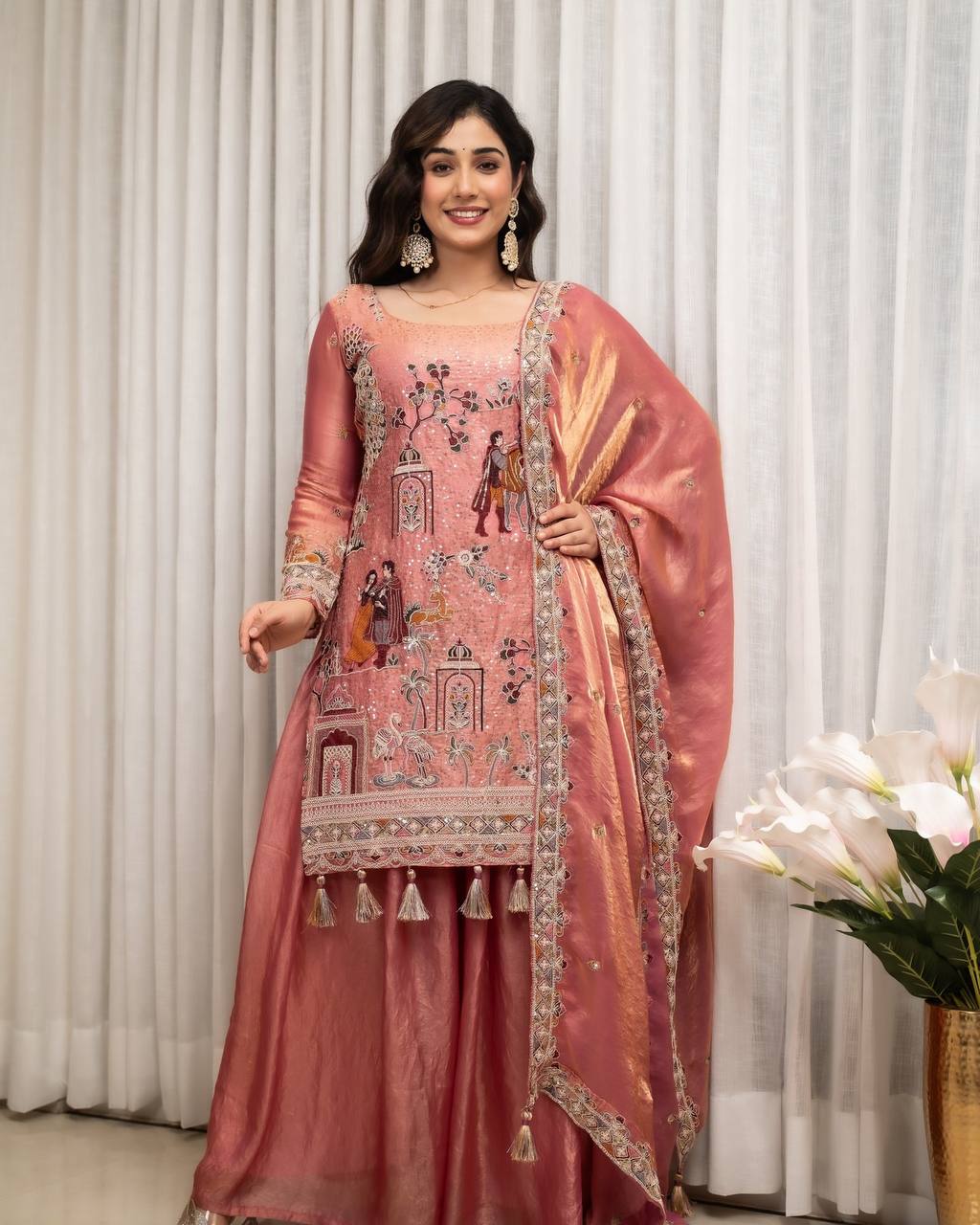 Peach Pink Embroidered Silk Kurta Set with Dupatta