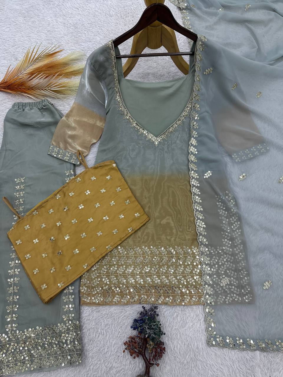 Sage Green Embroidered Sharara Suit with Organza Dupatta