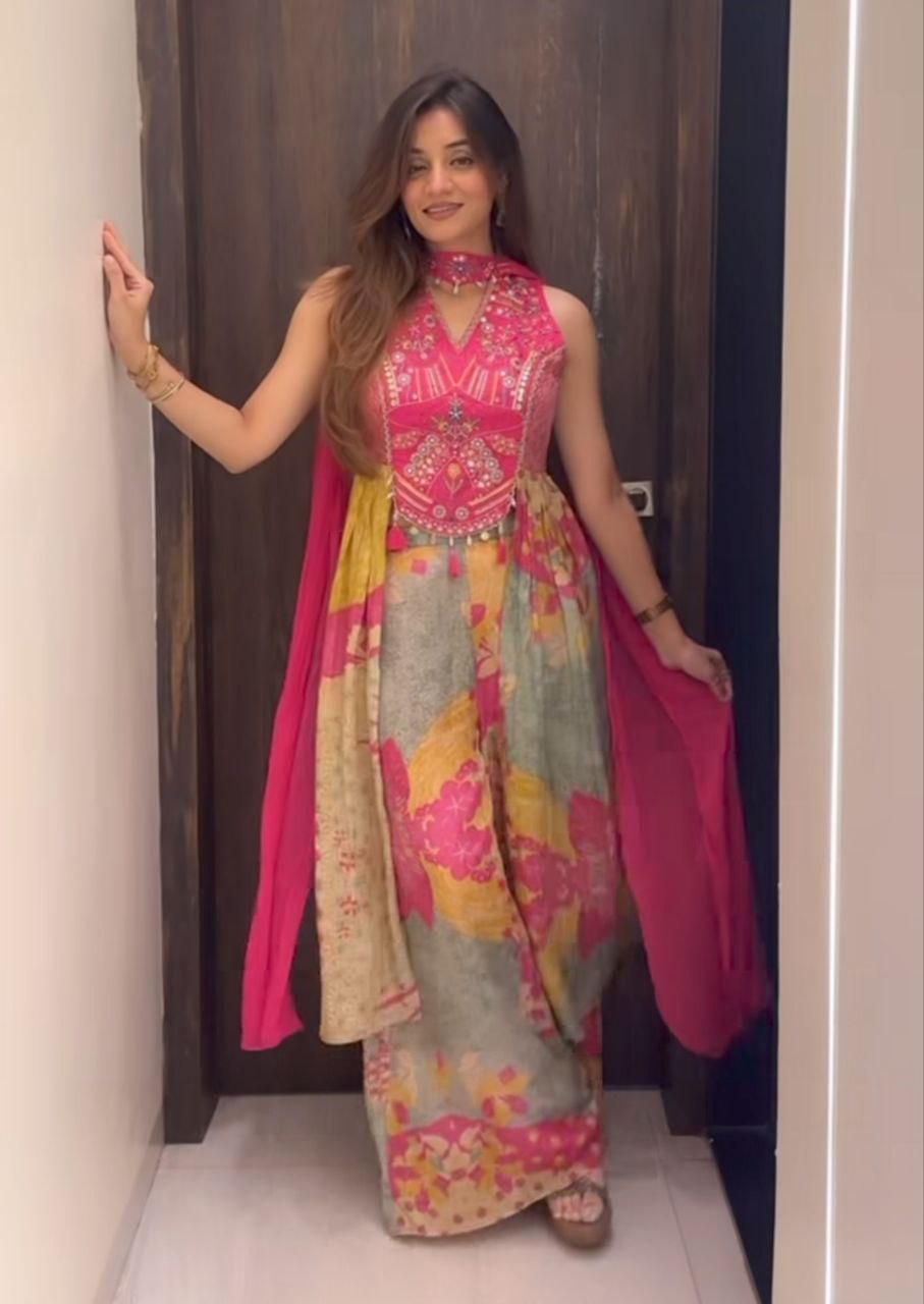 Pink Embroidered Crop Top with Printed Palazzo & Dupatta