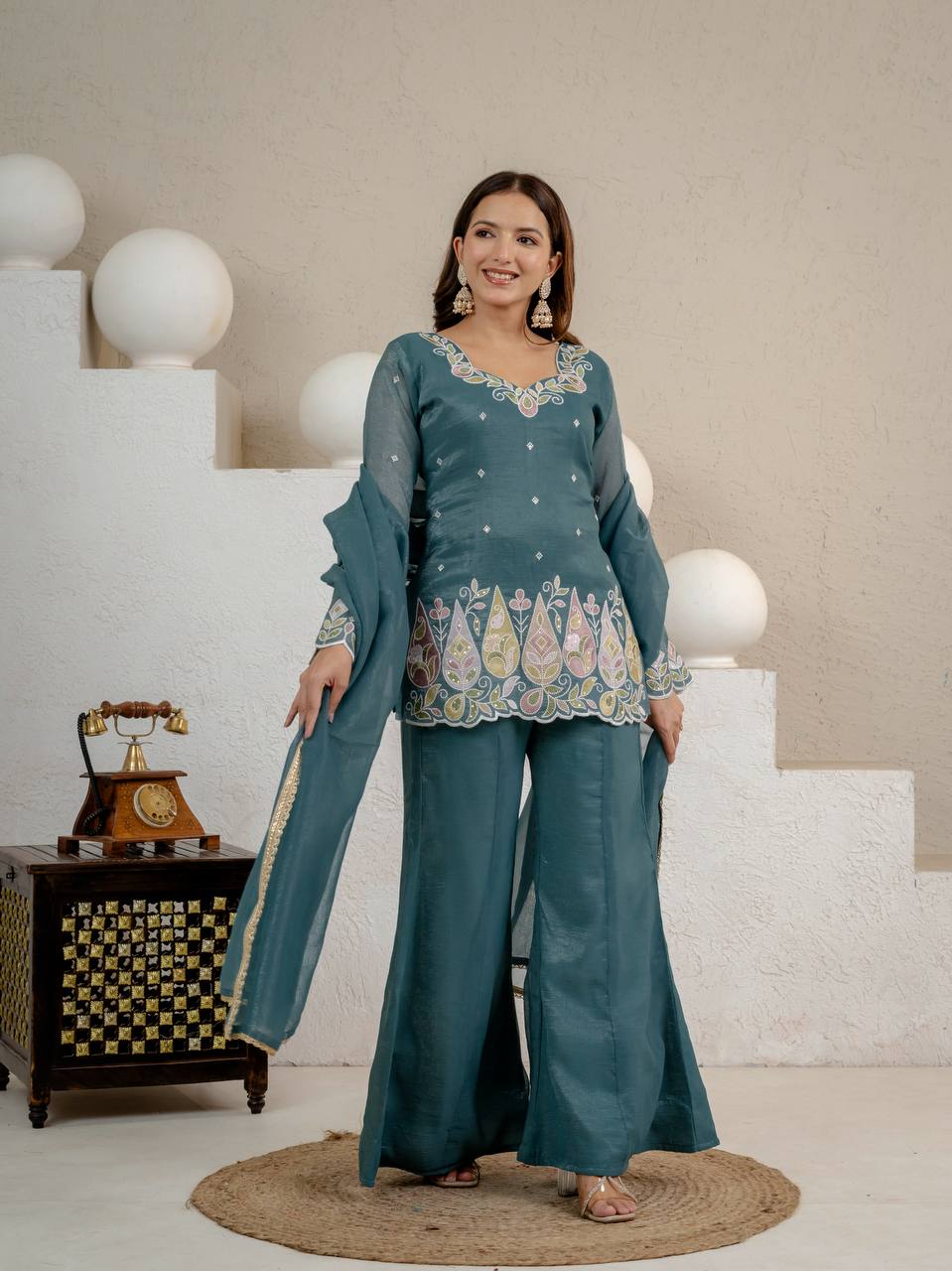 Teal Blue Embroidered Palazzo Suit Set with Dupatta