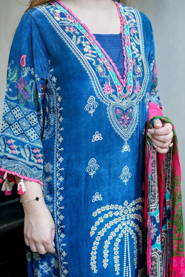 Premium Blue Printed Kurta Pant & Dupatta Set