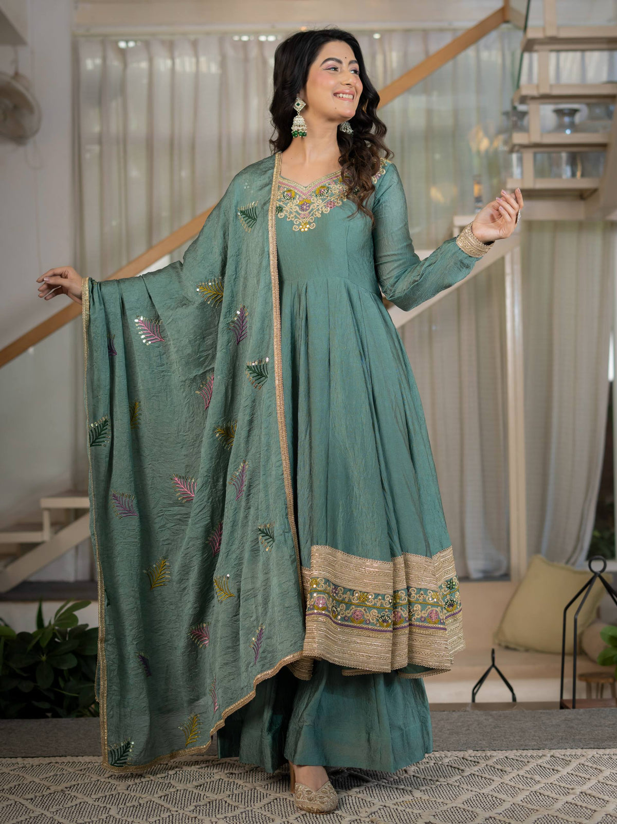 Teal Green Embroidered Anarkali Gown with Dupatta