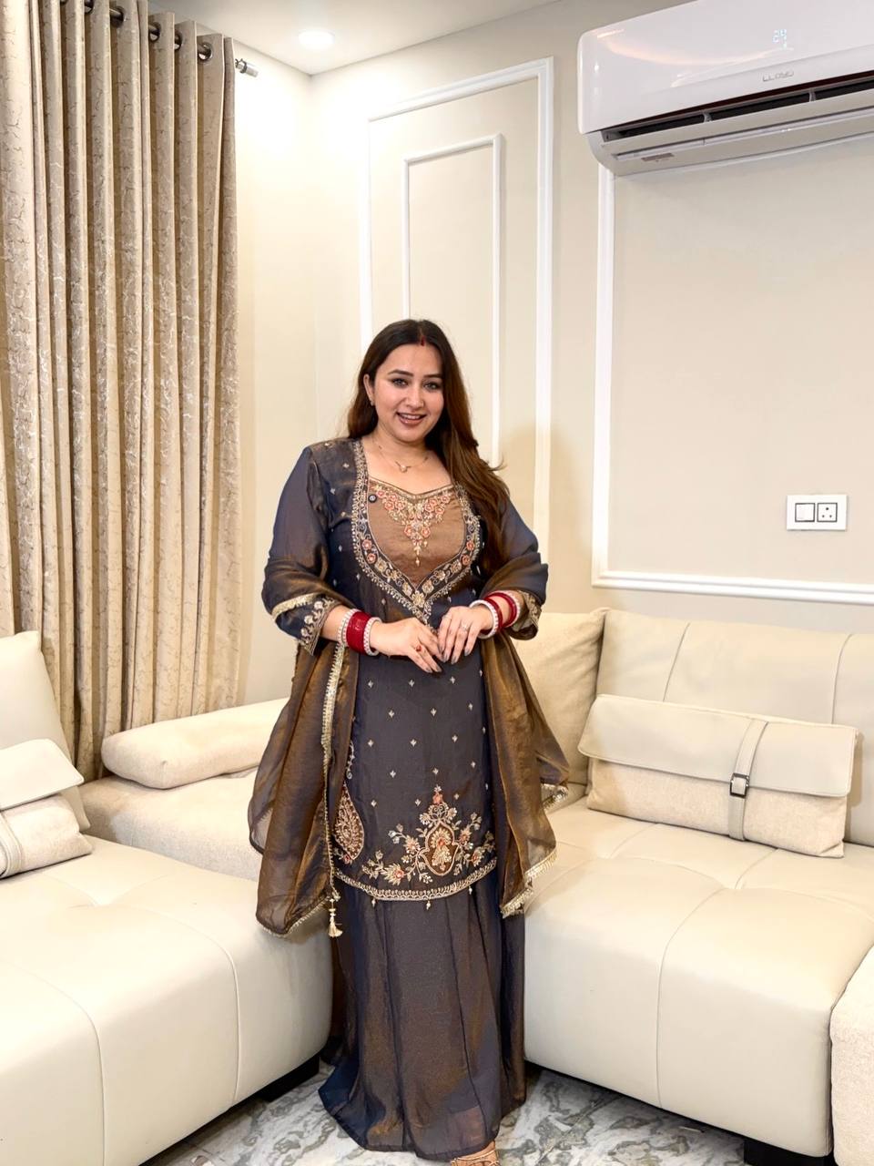 Charcoal Grey Embroidered Anarkali Suit with Dupatta