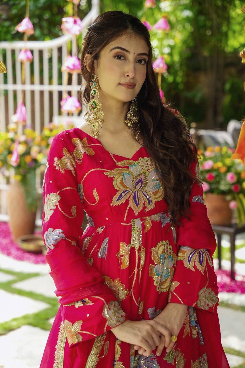 Hot Pink Floral Embroidered Anarkali Suit with Dupatta